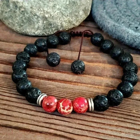 Chakra Healing Gemstone Bracelet Red Aqua Terra Jasper Black Lava - Picture 4 of 7